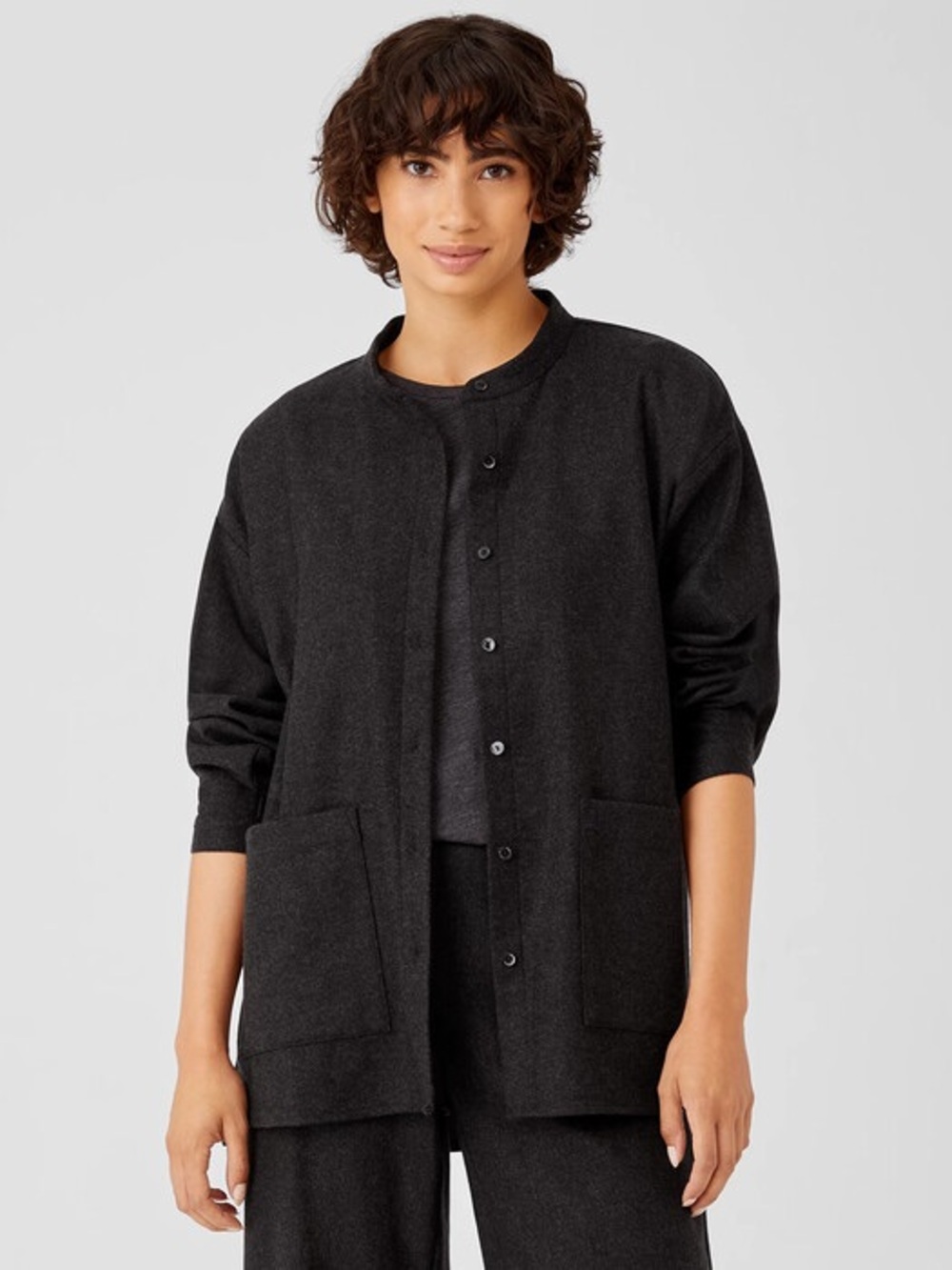Eileen Fisher Soft Wool Flannel Mandarin Collar Shirt/ Jacket Oversized Large